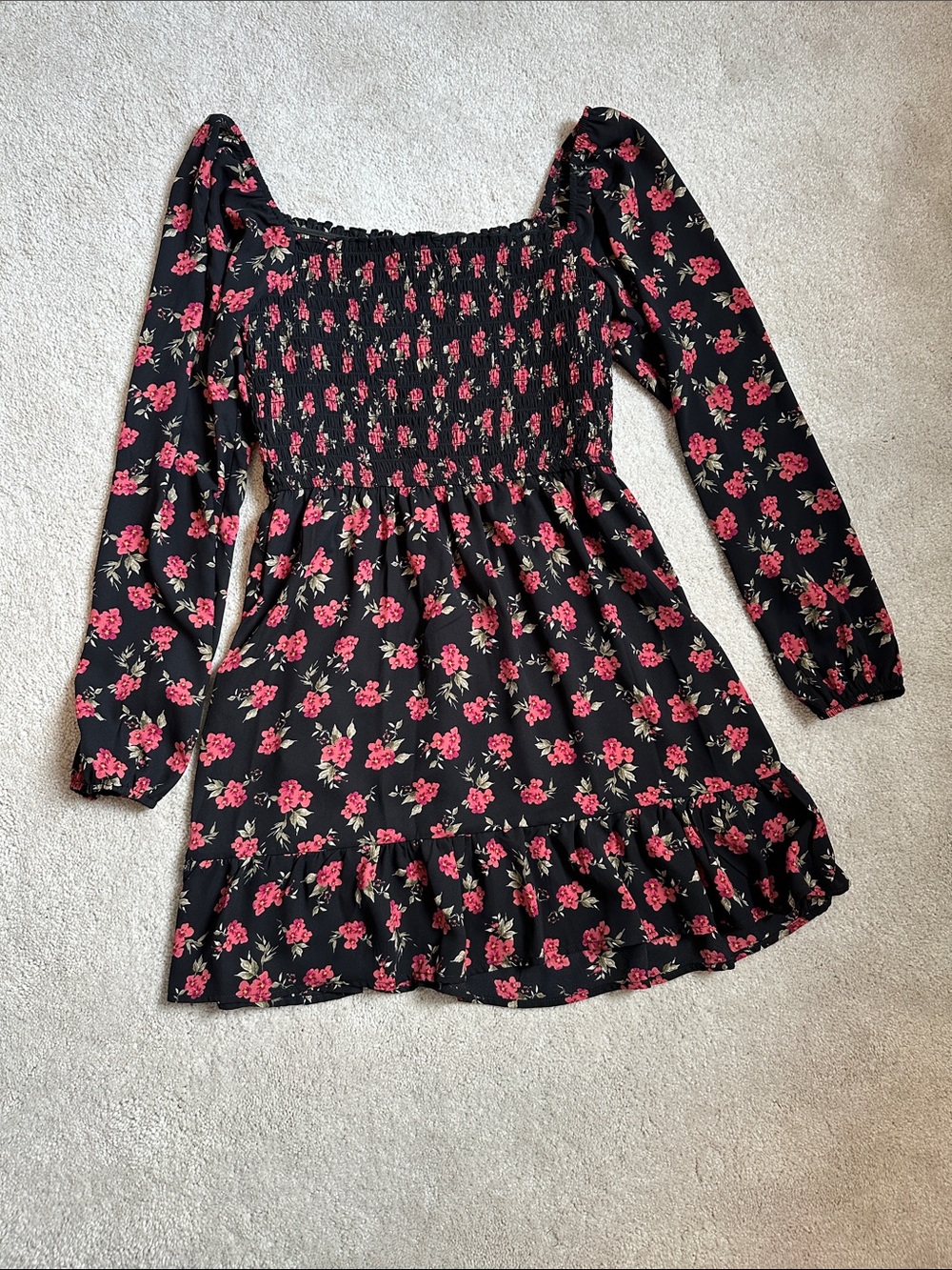Long Sleeve Black Floral Smocked Dress